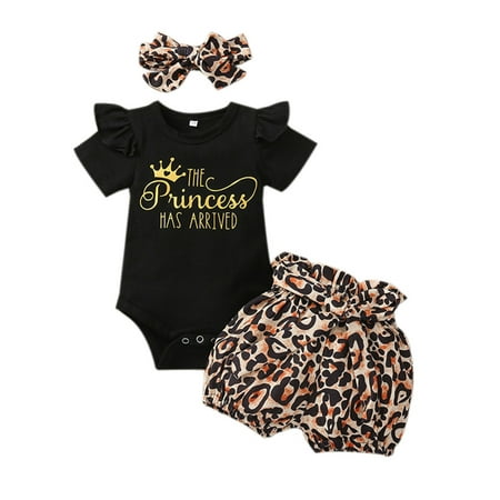 

Xingqing Newborn Baby Girls Outfit Set Daddy Mommy Print Romper+Leopard Shorts+Headband Set 3pcs The Princess is Arrived 12-18 Months