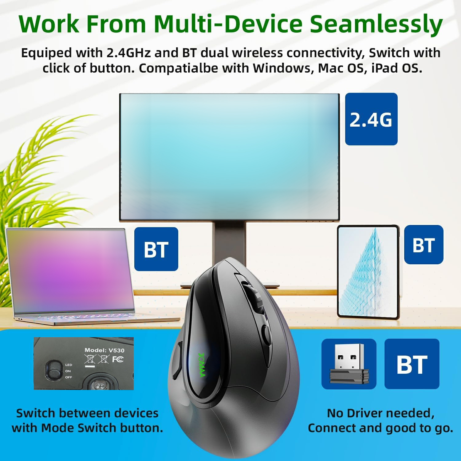 Jomaa 2.4G+Bluetooth Ergonomic Vertical Wireless Mouse 4000 DPI RGB Backlit Rechargeable Wireless Mouse Slient Click