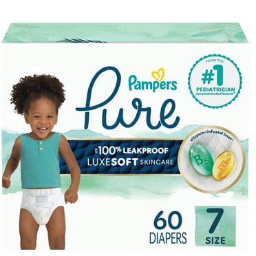 Pampers Pure Baby Diapers, Size 7 (41+ lbs), 60, Up to 100% Leakproof, Premium Hypoallergenic Soft Diapers