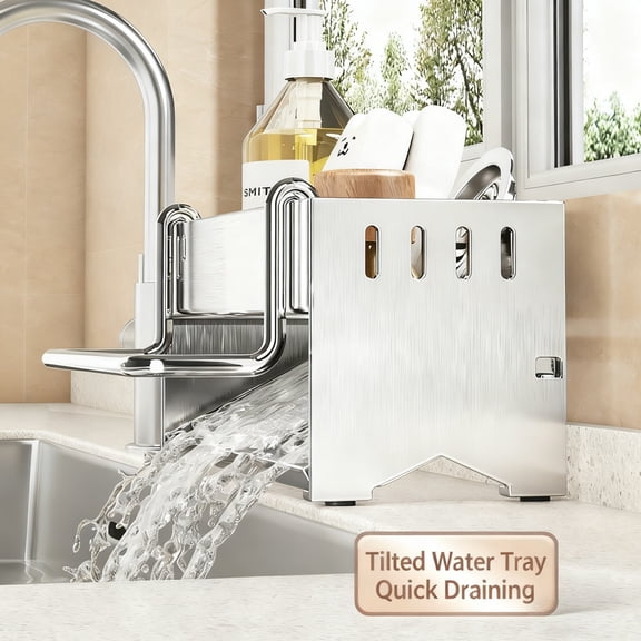 Kitchen Sink Sponge Holder with Towel Bar, Stainless Steel Soap Dispenser & Scrubber Organizer Rack, Countertop Drain Basket