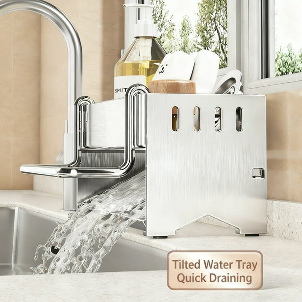 Escurridor de fregadero con soporte para trapos | Organizador de acero inoxidable para dispensador de jabón, esponjas y cepillos | Cesta de drenaje inoxidable, blanco, gris o negro | Paquete de 1