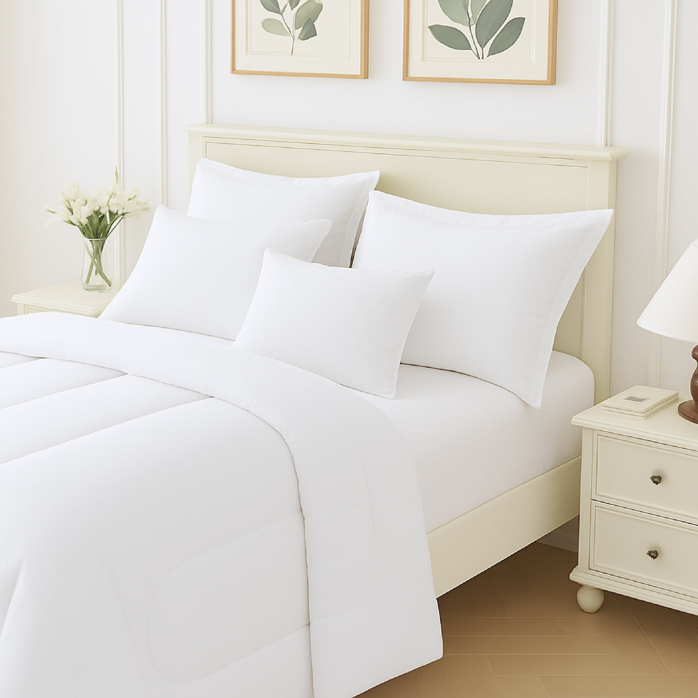 Beddora Ensemble de Lit 5 Pcs – Comprend une Couette, 2 Taies d'Oreiller, un Coussin Décoratif et un Coussin Carré – Ultra-Doux, Toutes Saisons, Grand – Blanc Éclatant