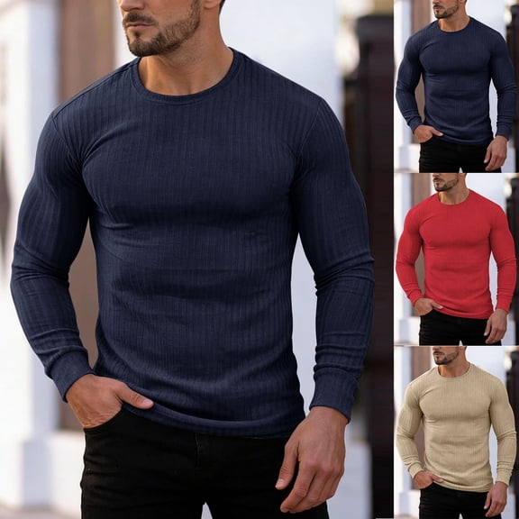 FRSASU Men's Shirts Long Sleeve T-Shirt Crew Neck Midweight Tees Classic Basic Casual Tops Plain Soft Shirt Red