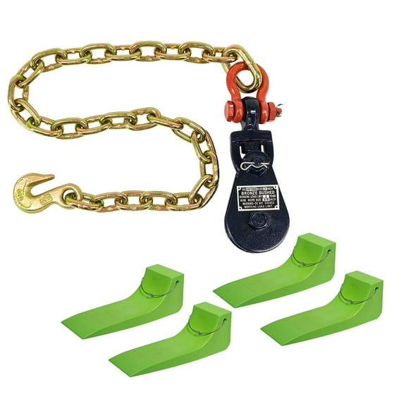 Tow Truck Kit - (1) 2 Ton 3" Snatch Block w/Chain & (1) Tire Skates for Tow Truck Safety Green - Flatbed Tow Truck Rollback Wrecker Car Carrier Cable