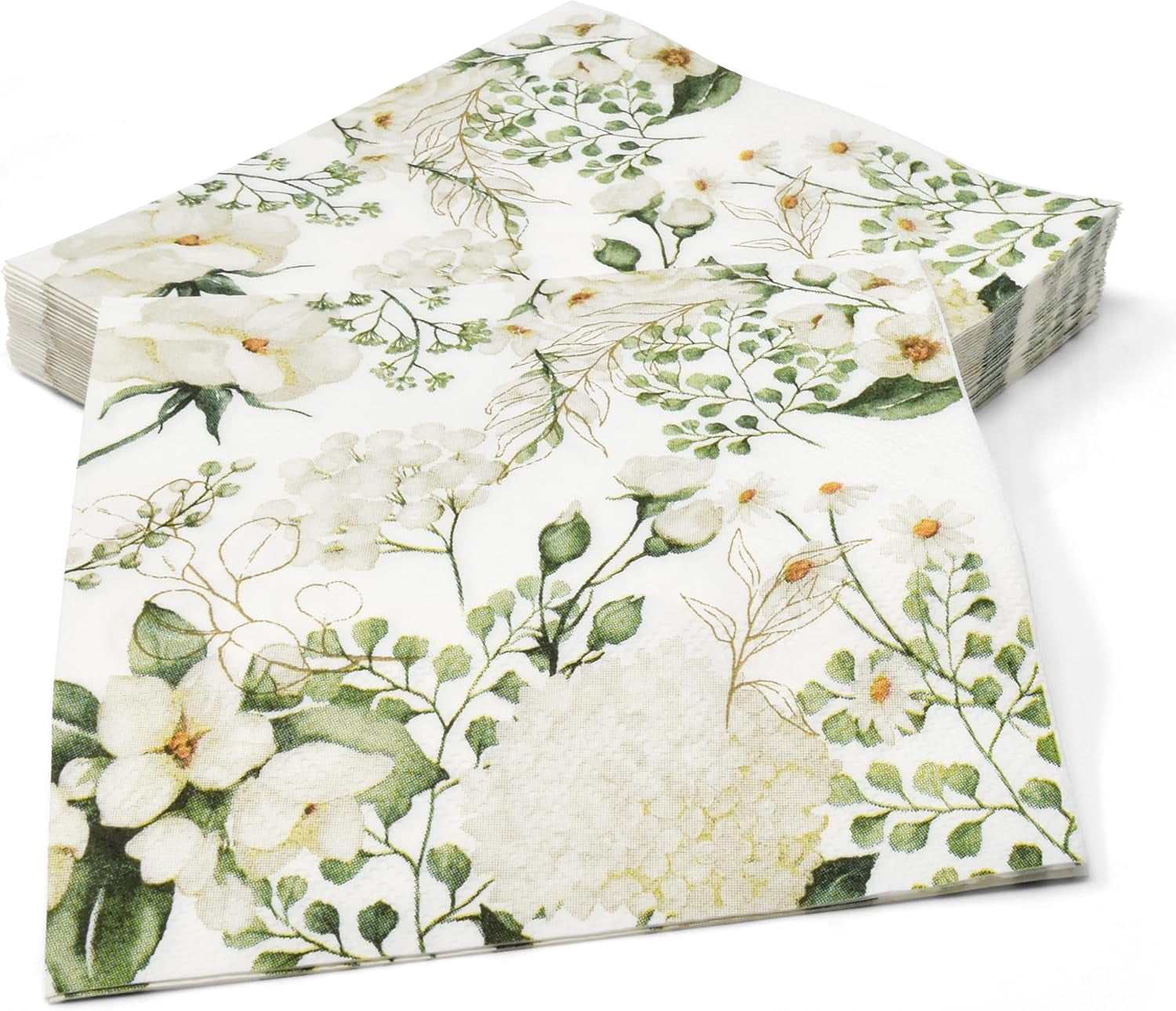 Gift Boutique 100 White Floral Cocktail Beverage Napkins Disposable Paper Spring Blossom Flowers Greenery Dessert Napkin for Wedding Holiday Bridal & Baby Shower Tableware Party Supplies