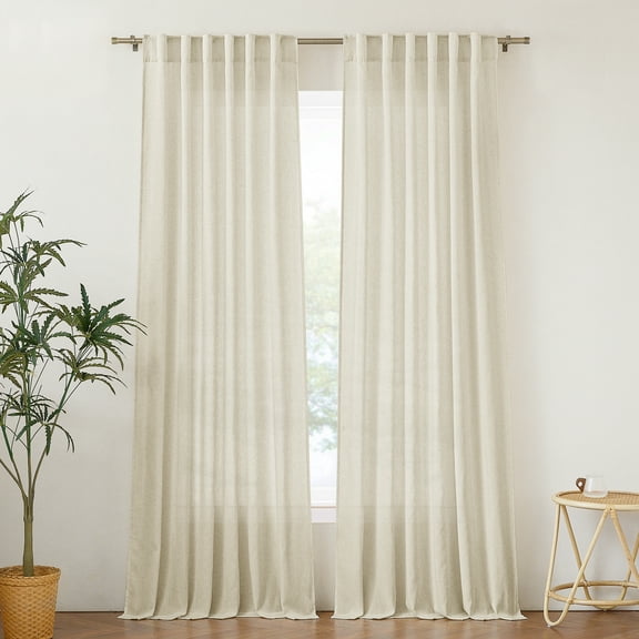 StangH Flax Linen Sheer Curtains 90 inches Long, Back Tab Privacy Semi Sheer Curtains Soft Lightweight Farmhouse Boho Drapes for Living Room Bedroom Patio, Natural, W55 x L90, 2 Panels