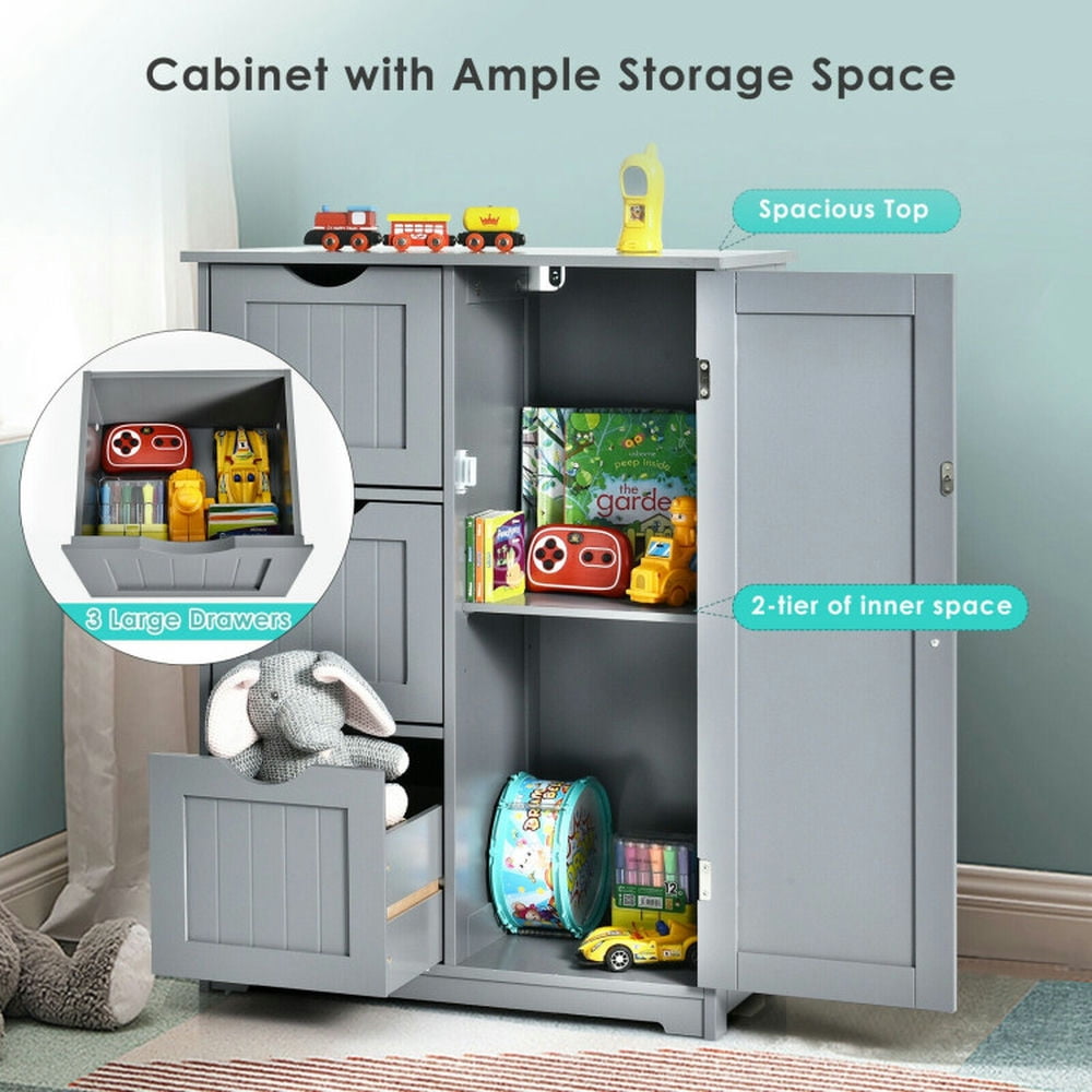 Finihen Storage Cabinet, Floor Cabinet, Bathroom Floor Cabinet Side Storage Cabinet with 3 Drawers and 1 Cupboard, for Bathroom, Living Room, Bedroom, Kitchen, Gray