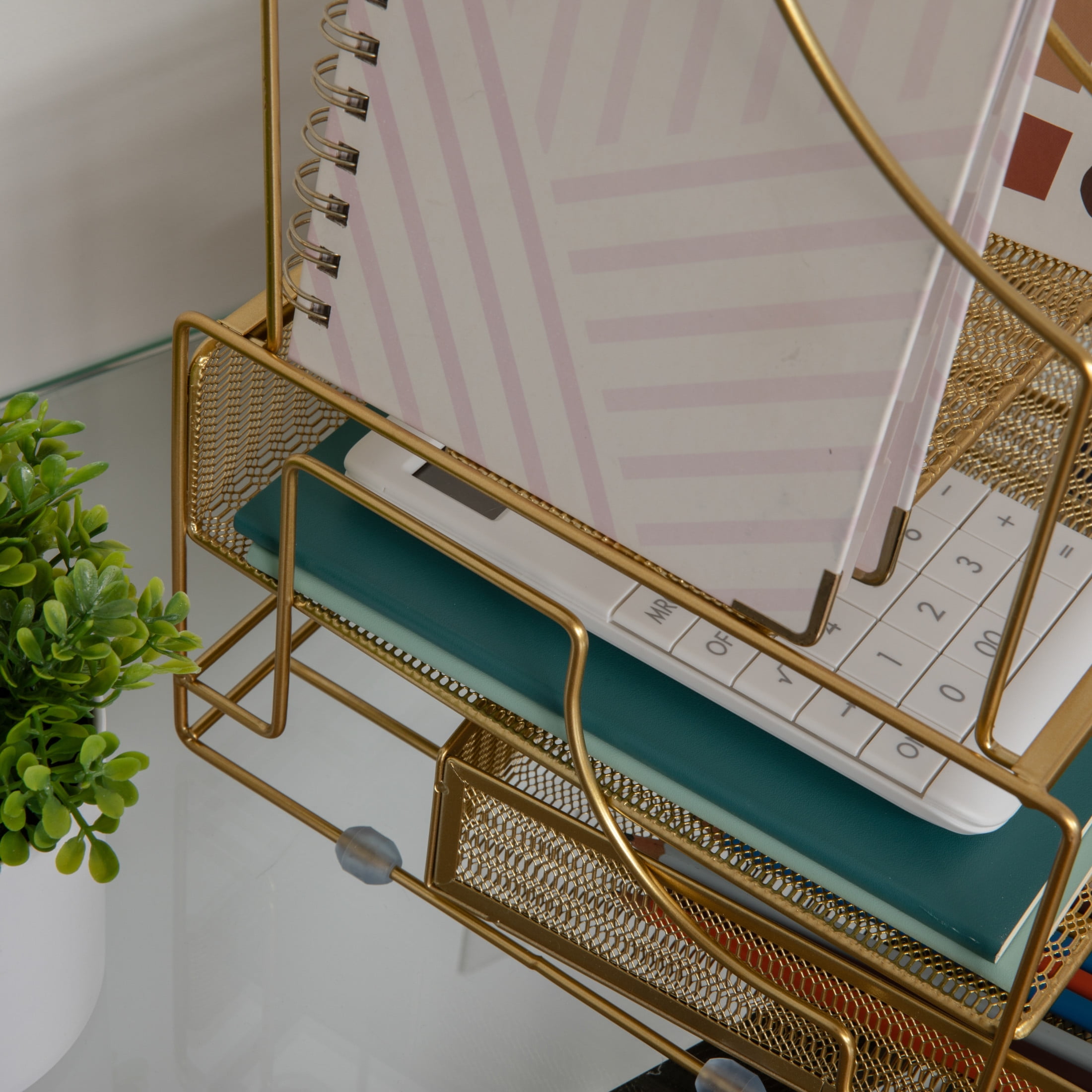 Martha Stewart Ryder Gold Mesh Metal Large Desktop Organizer With Paper File Letter Holder Organizer and Drawer