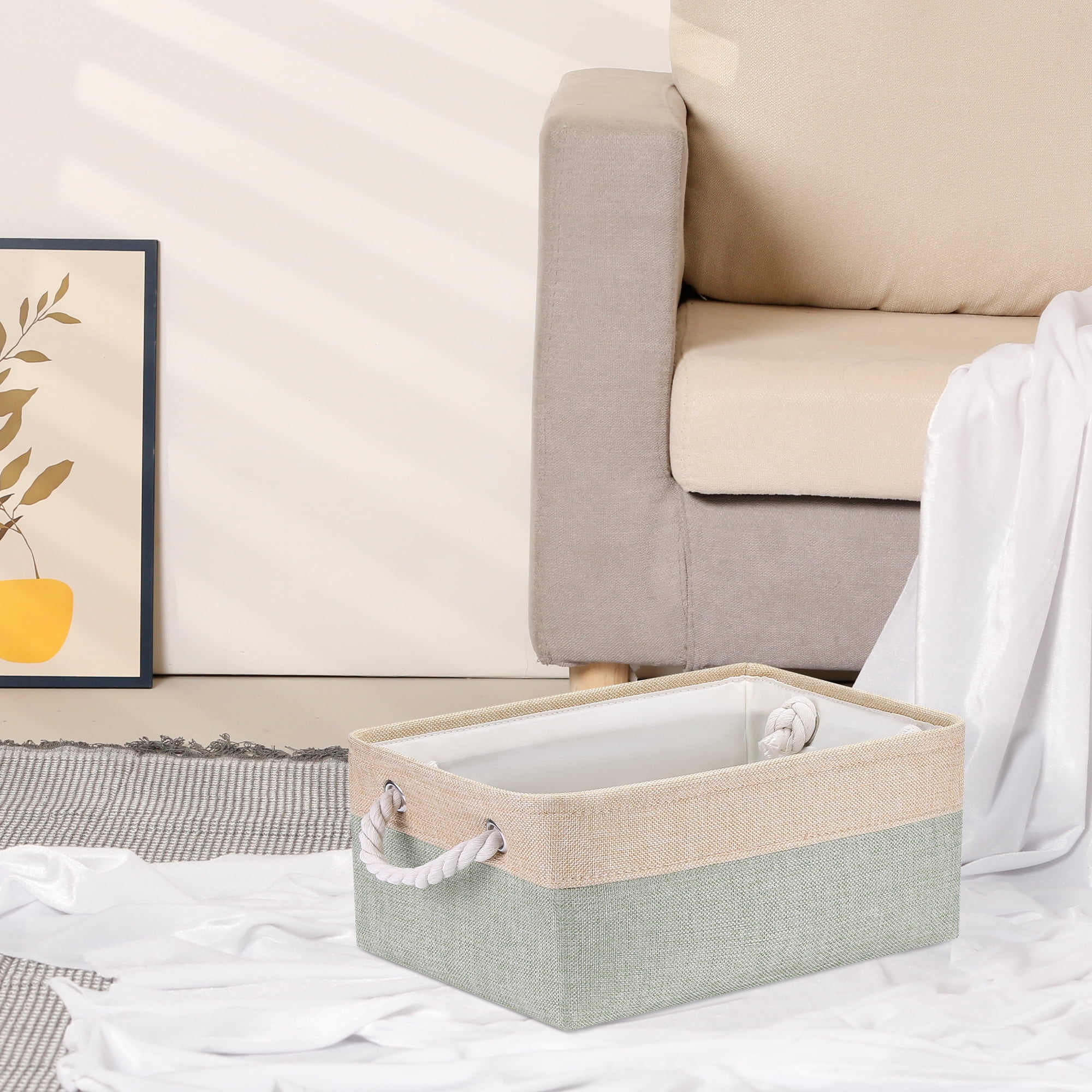 Unique Bargains Storage Bin with Handle Fabric Cube Green/Beige 14*10*6.5in