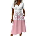 thumbnail image 5 of Watercolor Floral Print Dress for Women V Neck Short Sleeve Dress A Line Midi Casual Summer Outfit Flowy Lightweight Party Wear Vacation Boho Chic Light pink XXL, 5 of 6