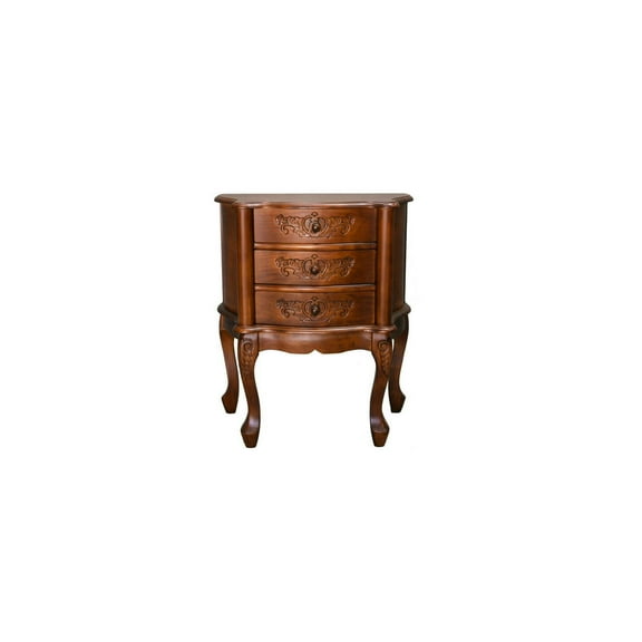 Maykoosh Rococo Radiance Carved Wood Rectangular Three Drawer Scalloped Nightstand in Brown, Walnut Stain Finish - 14"D x 24"W x 28"H