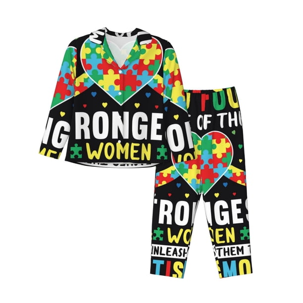 Balery I Love With Autism Conjunto de Pijama con Estampado para Mujer, Conjunto de Dos Piezas con Manga Larga, Ropa de Dormir Suave con Bolsillos, Pijamas Cómodos-Small