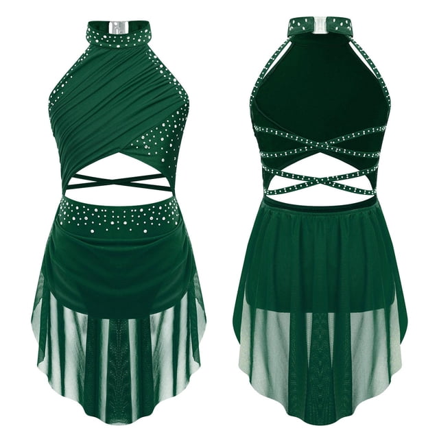 TiaoBug Robe de Danse Lyrique pour Filles Jupe Asymétrique à Sequins Col Licou Justaucorps de Patinage Artistique Robe Vert 10
