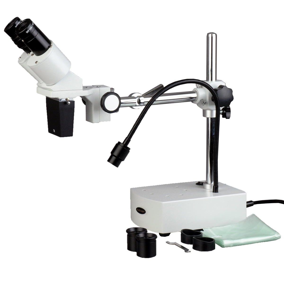 AmScope 5X10X Binocular Boom Arm Stereo Microscope with LED Gooseneck