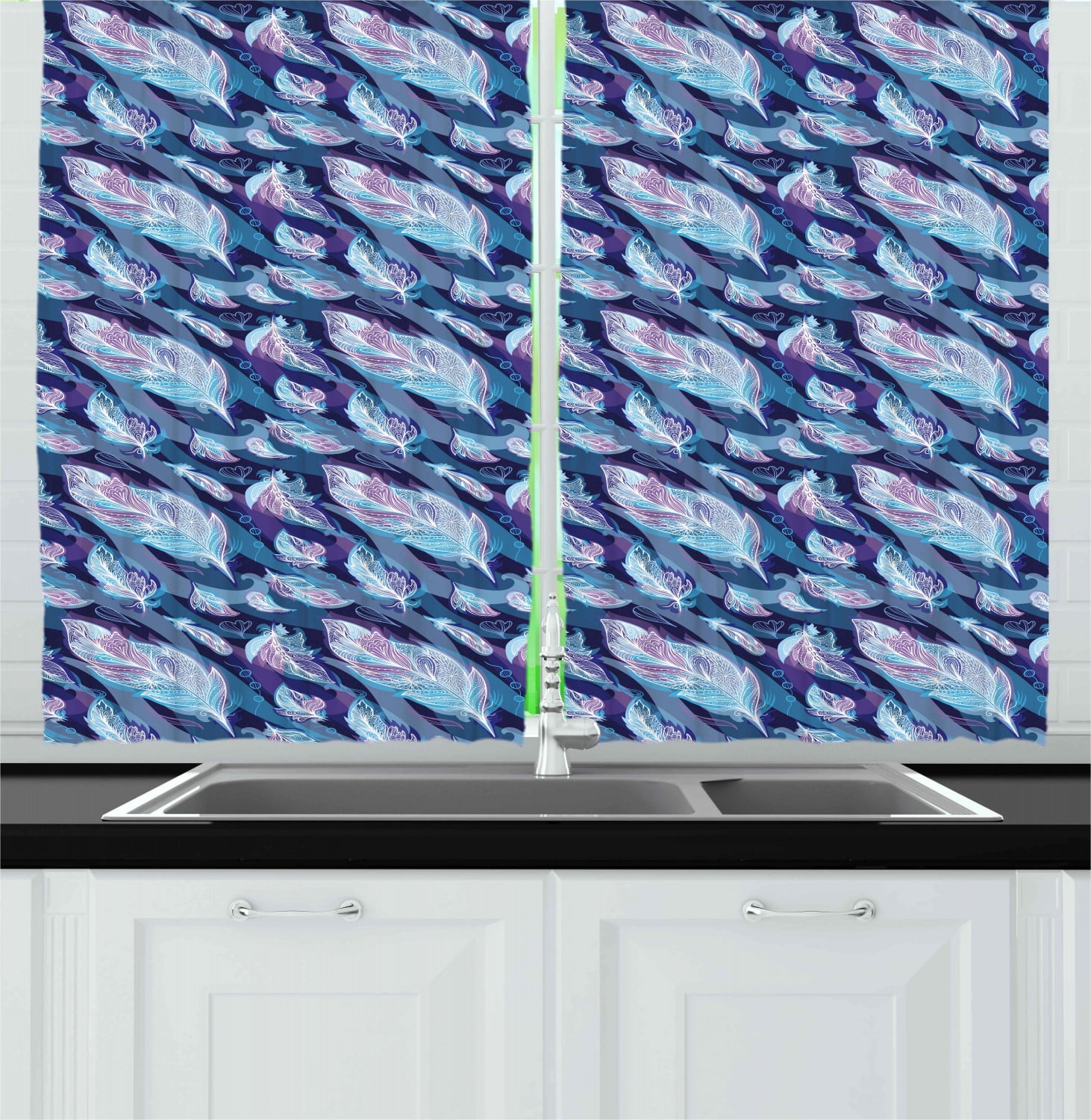 Indigo Curtains 2 Panels Set, Asian Paisley Design with Feathers and Wavy Floral Print, Window Drapes for Living Room Bedroom, 55W X 39L Inches, Pale Blue Purple Navy Blue and White, by Ambesonne