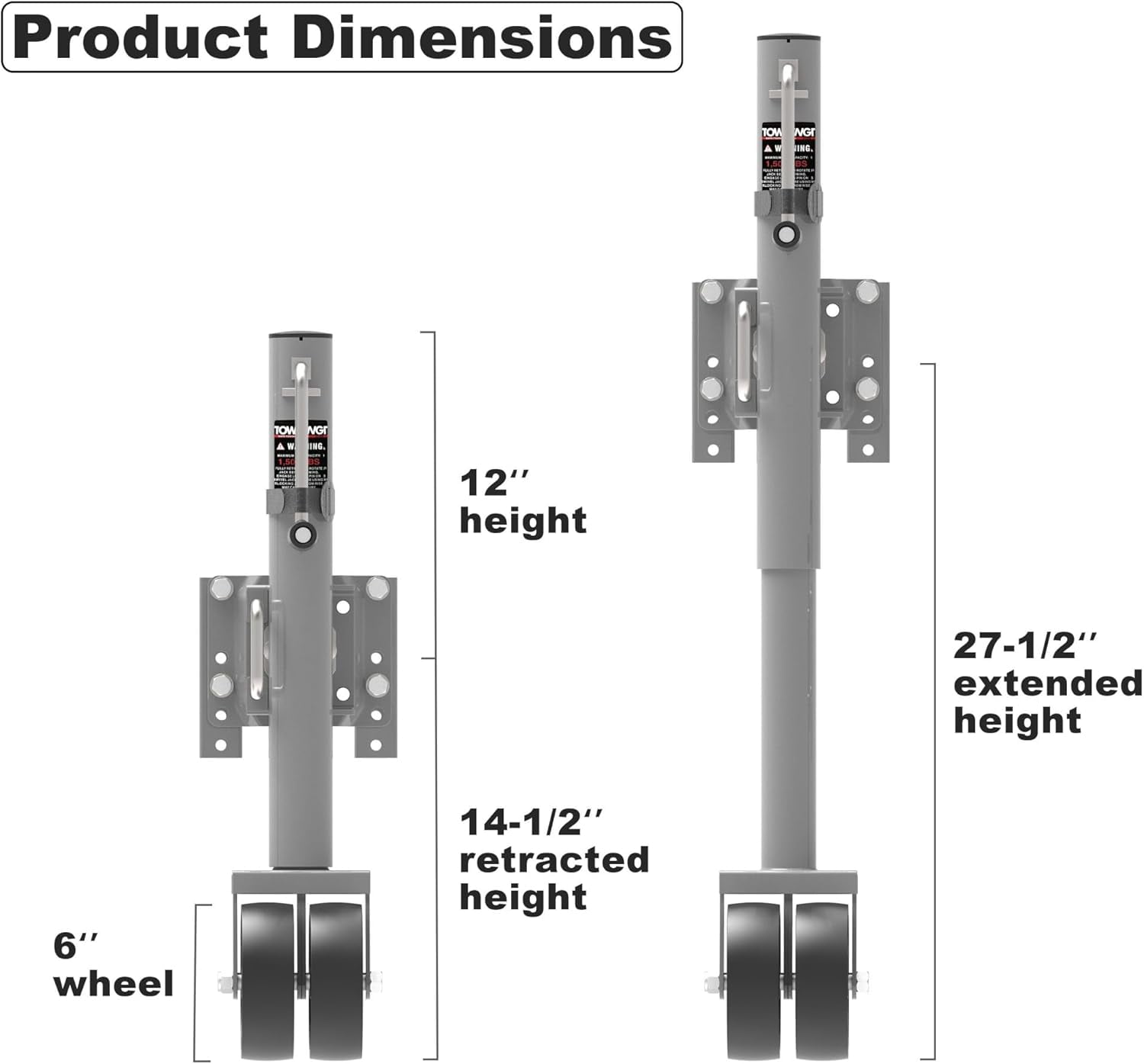 TOWKING 6-inch Dual Wheels Trailer Jack, 13" Vertical Movement, 1500 lbs, for RV, Boat, Trailer and More, Silver