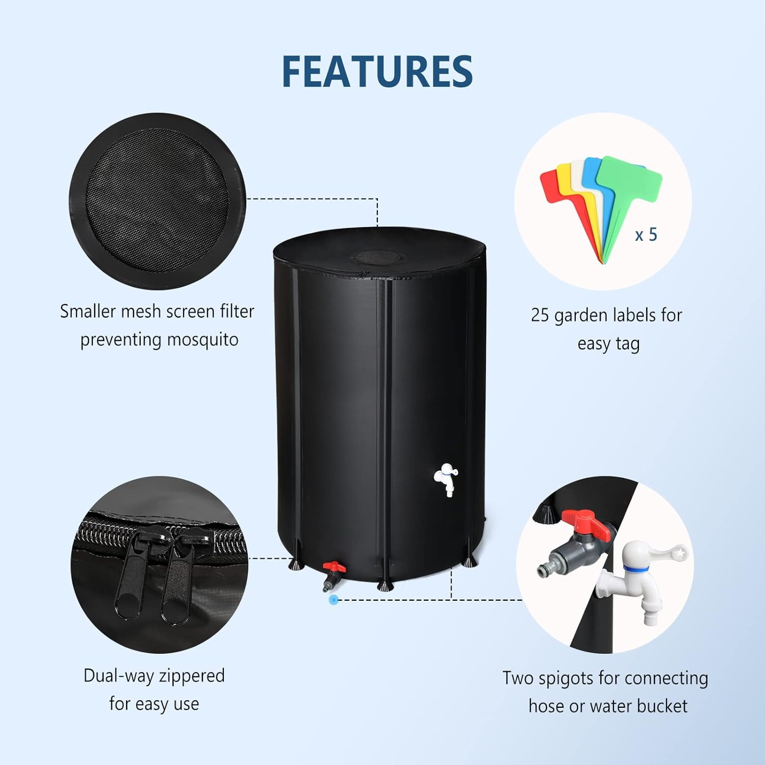 LINJH Upgraded 100 Gallon Collapsible Rain Barrel, Portable Water Storage Collection System, Weather Proof Sturdy Tank Catcher Container with Filter Spigot Overflow Kit Black