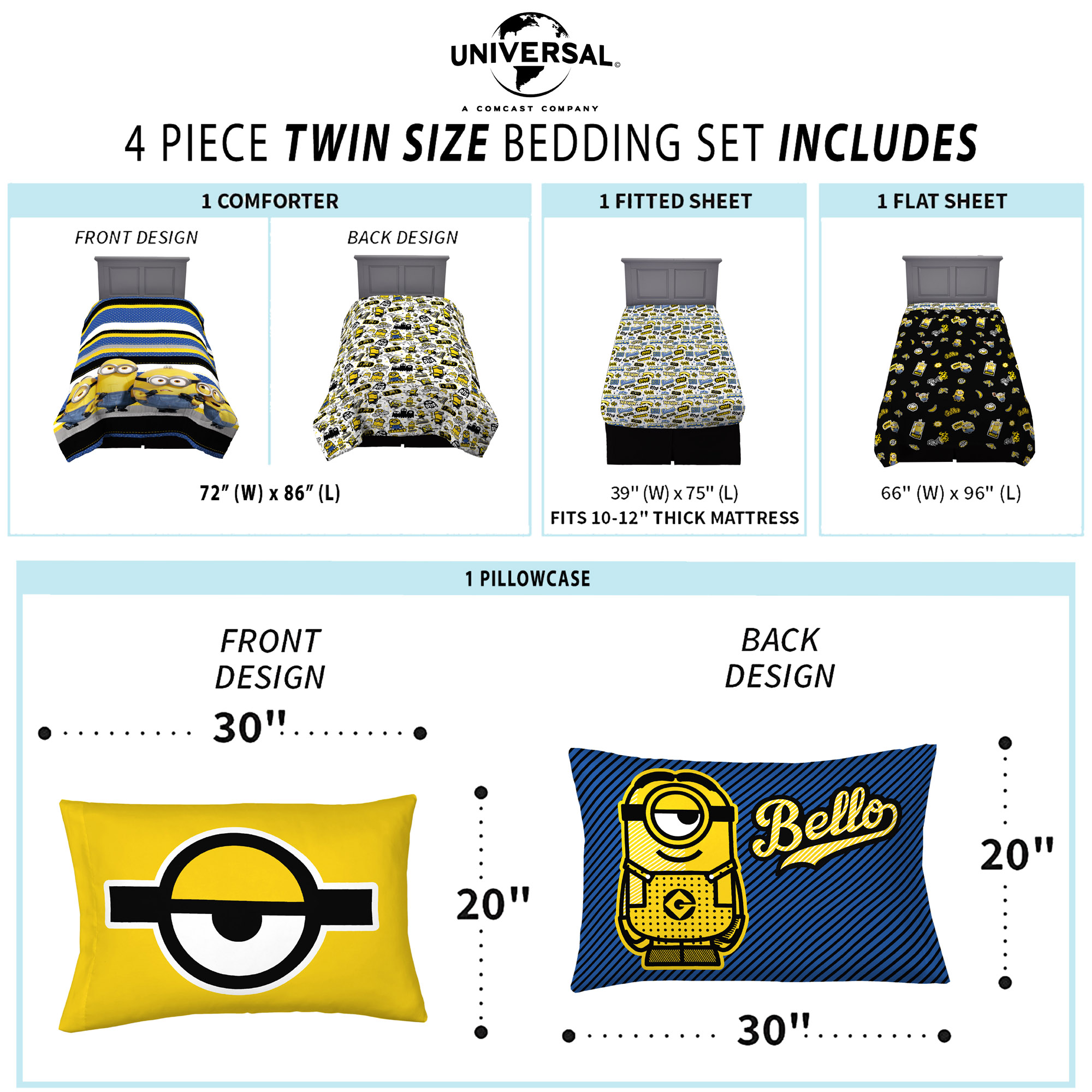 Minions Kids Twin Bed in a Bag, Comforter and Sheets, Yellow, Universal