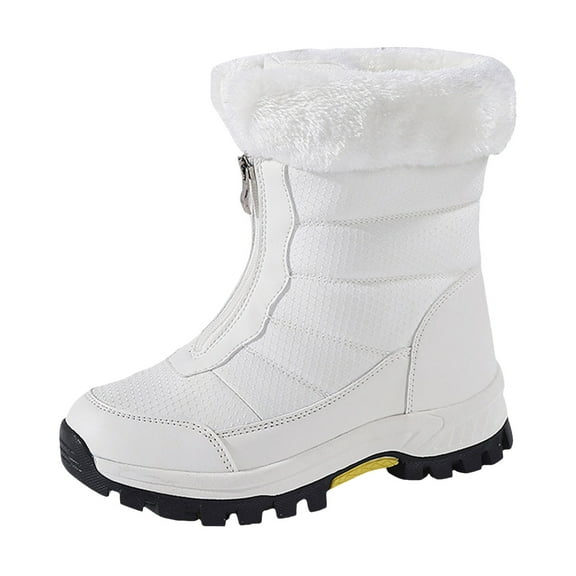 Womens Fuzzy Platform Non Slip Winter Boots Wide Toe Box Mid Calf Snow Booties Comfortable Slip On Walking Shoes with Front Zipper White 6.5
