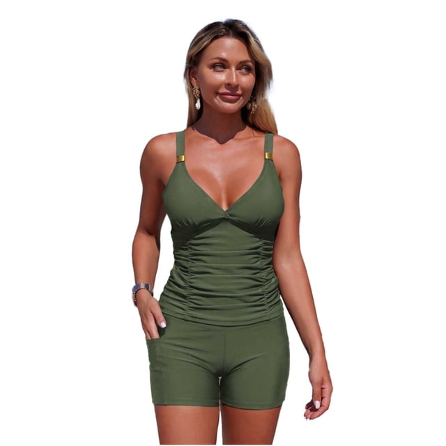 High Waist Bathing Suits for Women Solid Color 2 Pc Swimming Trunks with Pocket Tangini Split Swimsuit Set