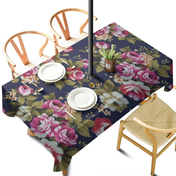Outdoor Waterproof Pioneer Tablecloth with Umbrella Hole and Zipper, Navy Floral Print Rectangle Reusable Durable Decor Table Cover for Party Picnic Patio 60×102 Inch