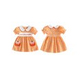 thumbnail image 2 of RUINIXCW Toddler Baby Girl Halloween Dress Outfit Infant Baby Girls Summer Fall Clothes Plaid Gingham Dress Puff Short Sleeve Peter Pan Doll Collar Pumpkin Embroidery A Line Dress, 2 of 9