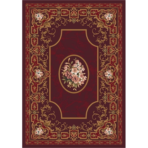 Milliken Top 30 Area Rug Historic Dark Cherry Bordered Flowers 5' 4" x 7' 8" Rectangle
