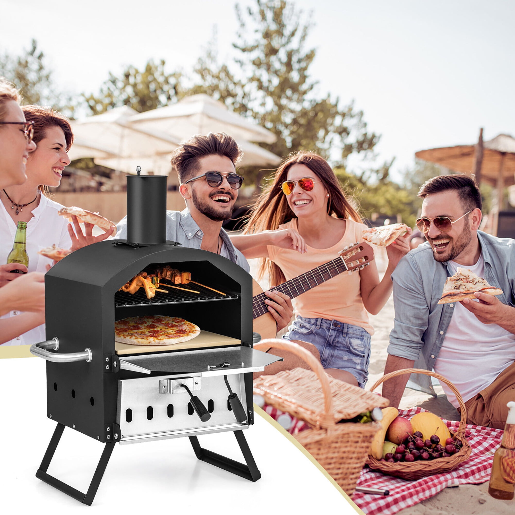 Gymax 2-layer Outdoor Wood Fired Pizza Oven w/ Anti-scalding