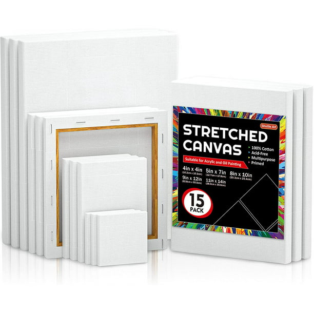 Shuttle Art Canvas, 15 Multi Pack, 4x4, 5 x 7, 8 x 10, 9x12, 11 x 14 Inches (3 of Each), 100% Cotton, Primed White Painting Canvas, Art for Acrylic, Oil, Acrylic Pouring - Walmart.com