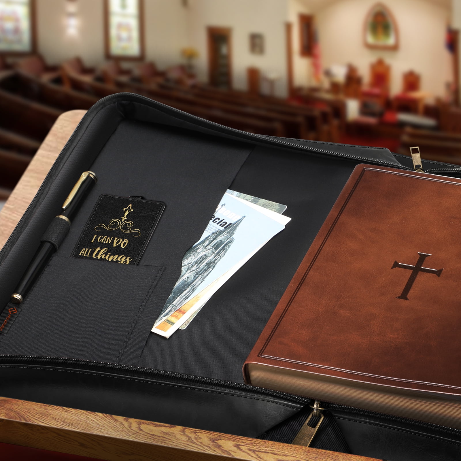 Classic Bible Cover, FINPAC Large PU Leather Carrying Book Case Church Bag Bible Protective with Handle, Perfect Gift for Men, Women, Father, Mother, Friends [I Can Do All Things], Black/Brown
