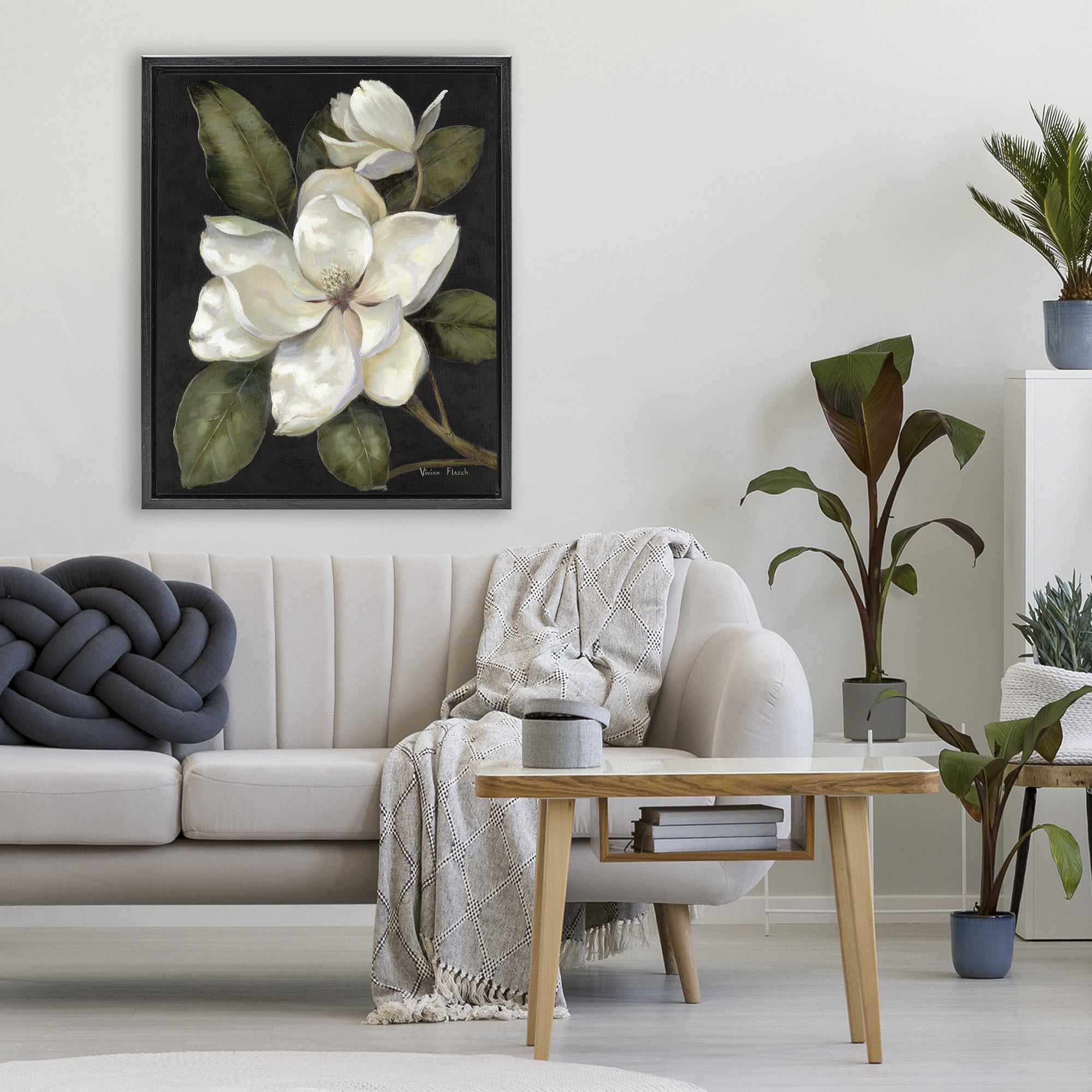 Stupell Industries Blooming Magnolia Buds Black Framed Floater Canvas Wall Art, design by Nan