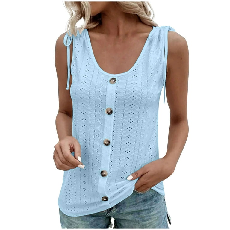Lolmot Womens Fashion Tank Tops Casual Crochet Cami Top Hollow Out Tank  Vest Dressy Tie Shoulder Botton Summer Sleeveless Shirts Blouse on Clearance