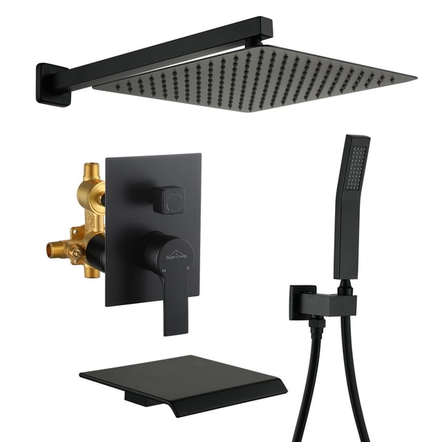 Boyel Living 12 Inch Square Rainfall Shower Head with Handheld Sprayer and Waterfall Tub Spout 3-Function Matte Black Wall Mounted Tub Shower Set with Pre-embedded Valve