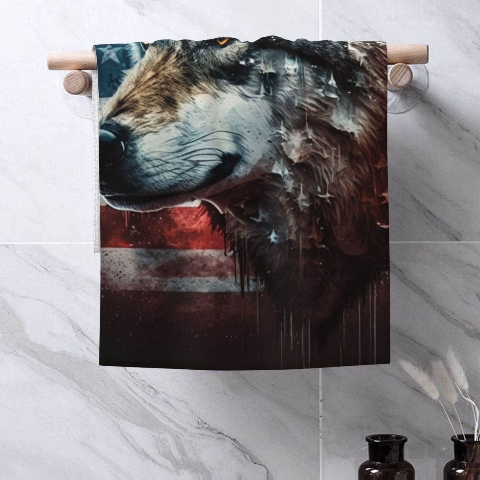 American Flag Wolf Art USA 27.5" x 16" Ultra Soft Hand Towel, Face Wash Cloth for Bathroom, Gym, Travel, Pool