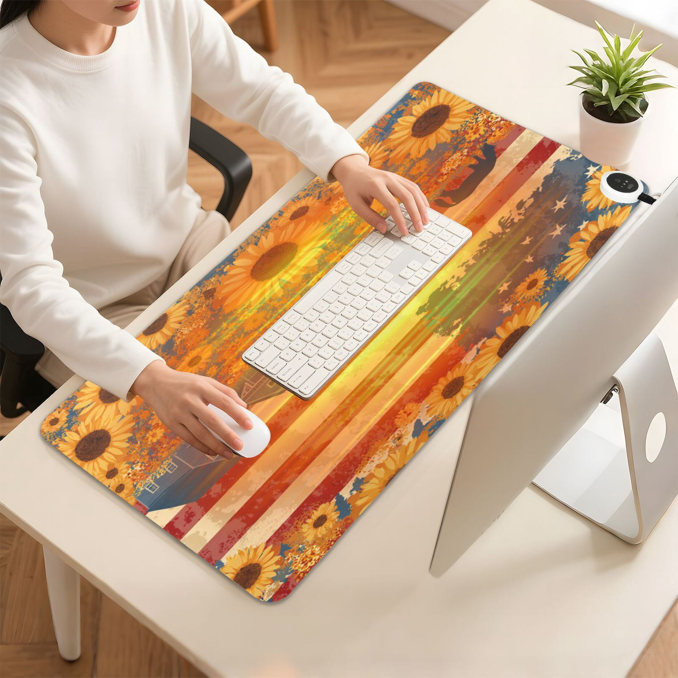 Large Heated Desk Mat Mouse Pad 31.5"x13"PU Leather Graphene Heating Desk Warmer with 3 Temperature Settings 110V US Plug Non-Slip Warm Pad for Home, Office, and Gaming American Folk Art Painting
