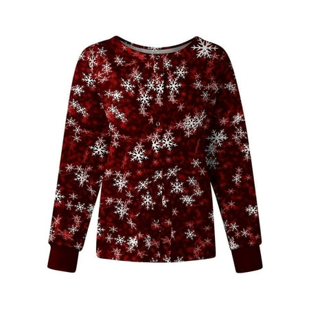 

Capreze Women Scrubs Tops Long Sleeve Casual Nursing Shirts Buttons Up Loose Workwear Christmas Print Scrubs T-shirts Dark Red M