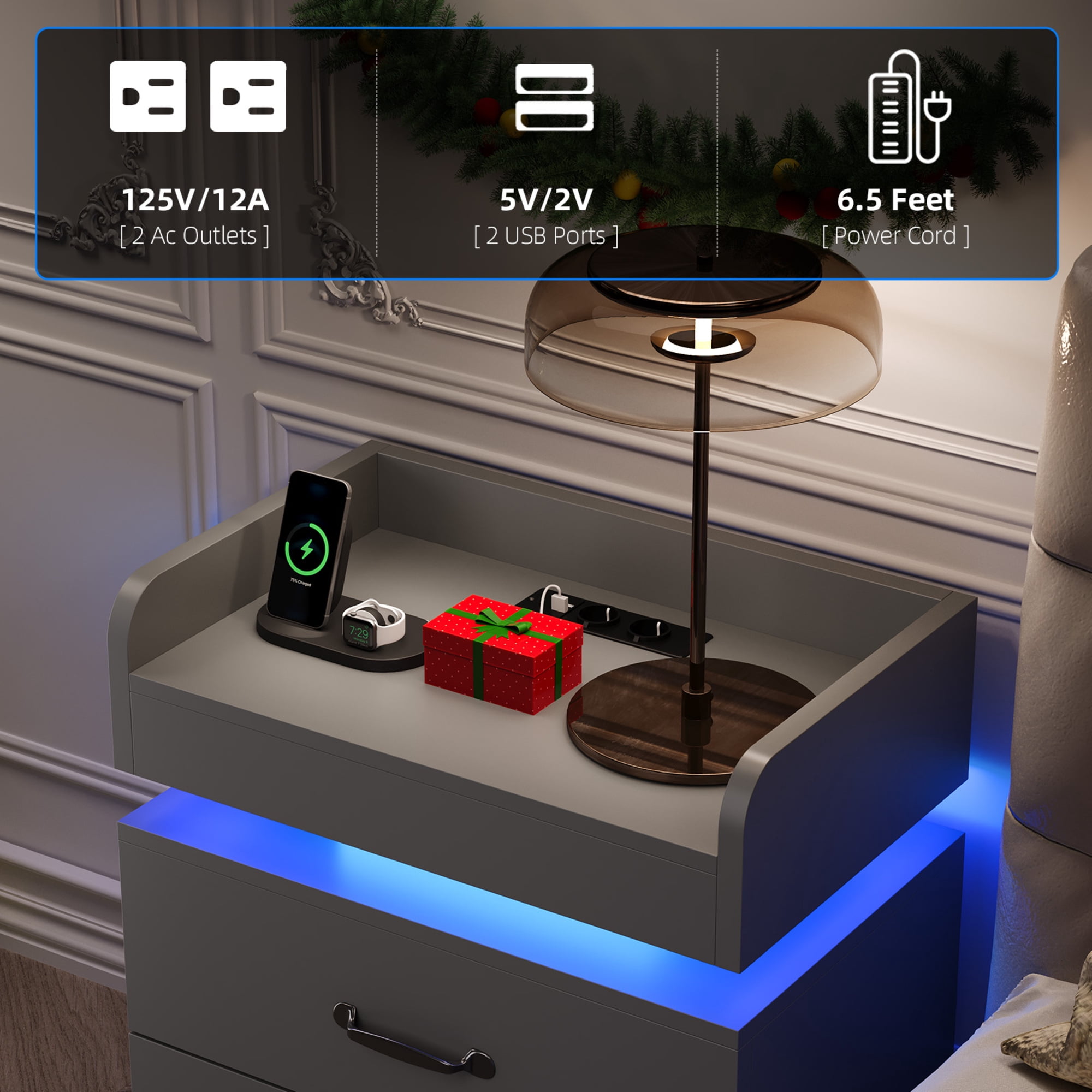 LED Nightstand, Modern Grey Night Stand End Tables with Charging Station & LED Lighting, 2 Drawers, Open Shelf Storage, Bedside Tables for Bedroom & Living Room