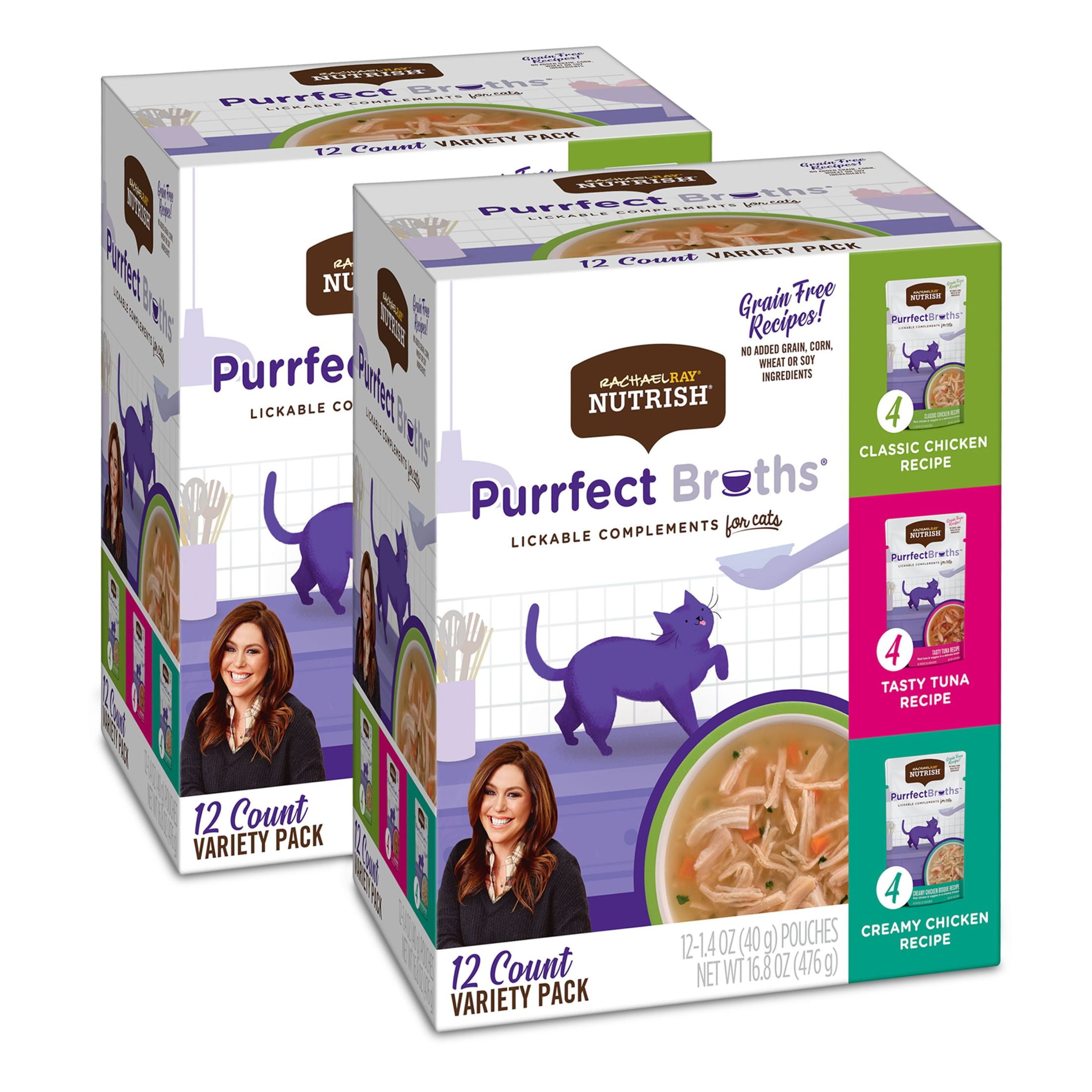 (4 pack) Rachael Ray Nutrish Purrfect Broths Variety Pack, Lickable Cat Treats, Box of 12-1.4 Ounce Pouches