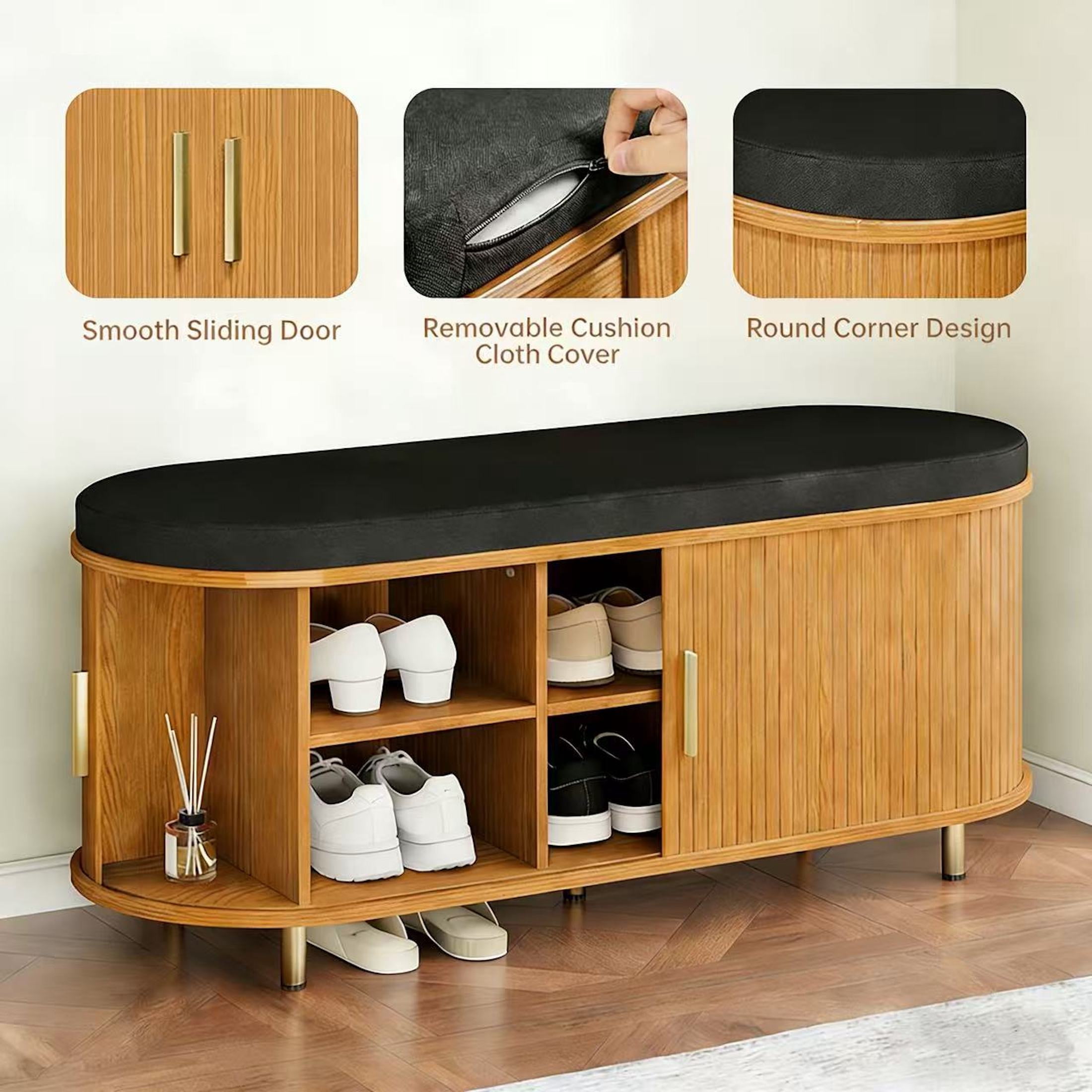 Aisword 2-Tier Shoe Bench Storage with Sliding Door, Padded Cushion, Adjustable Shelf, Yellow