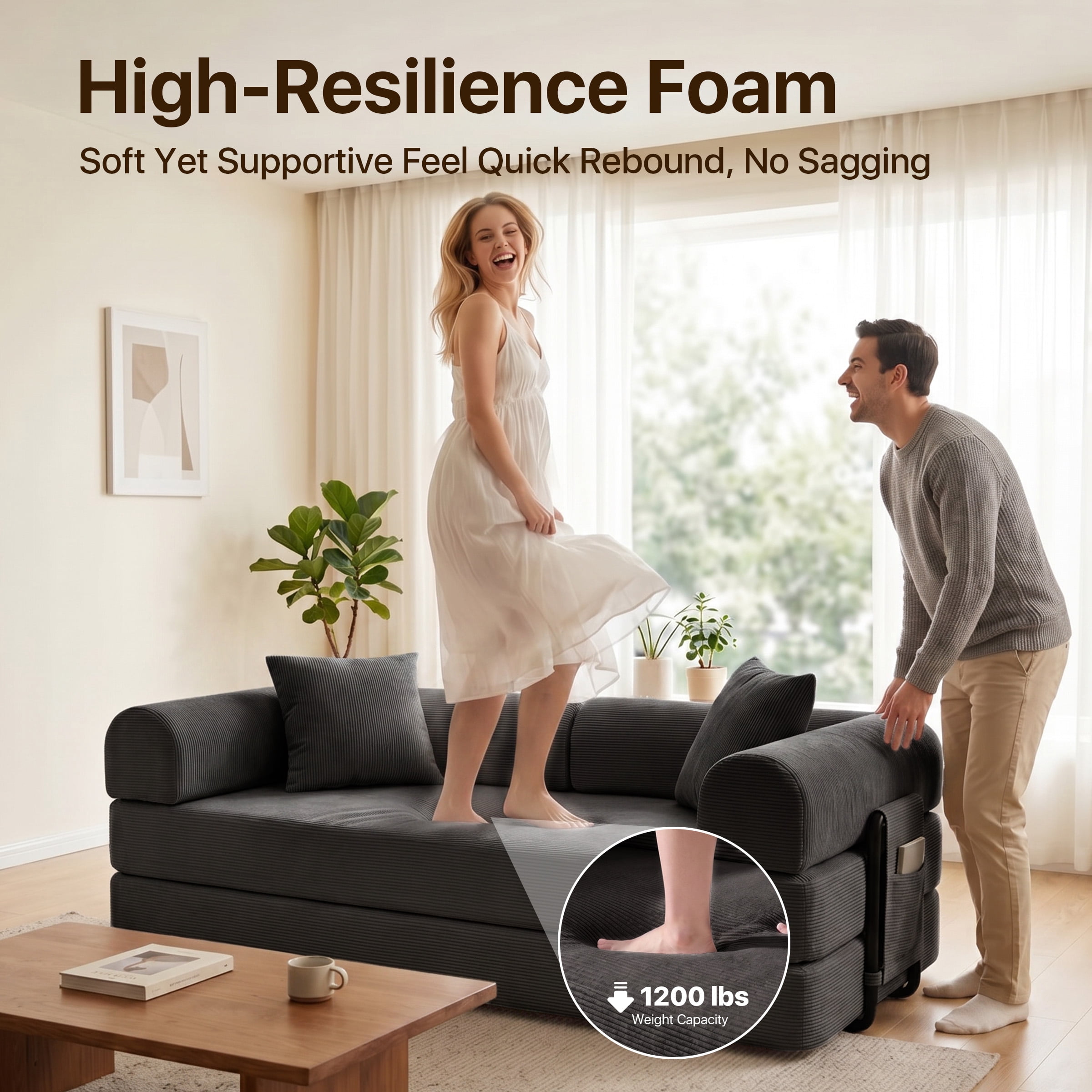 78" Convertible Sofa Bed with Two Storage Bag, Loveseat Couch with High Rebound Density Sponge for Living Room, Tool-Free Setup Love Seat with 2 Pillows, Black