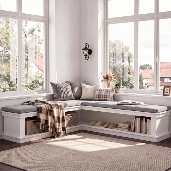 Tribesigns 55 inch L-Shaped Storage Bench with Cushion for Living Room, Hallway, White & Grey