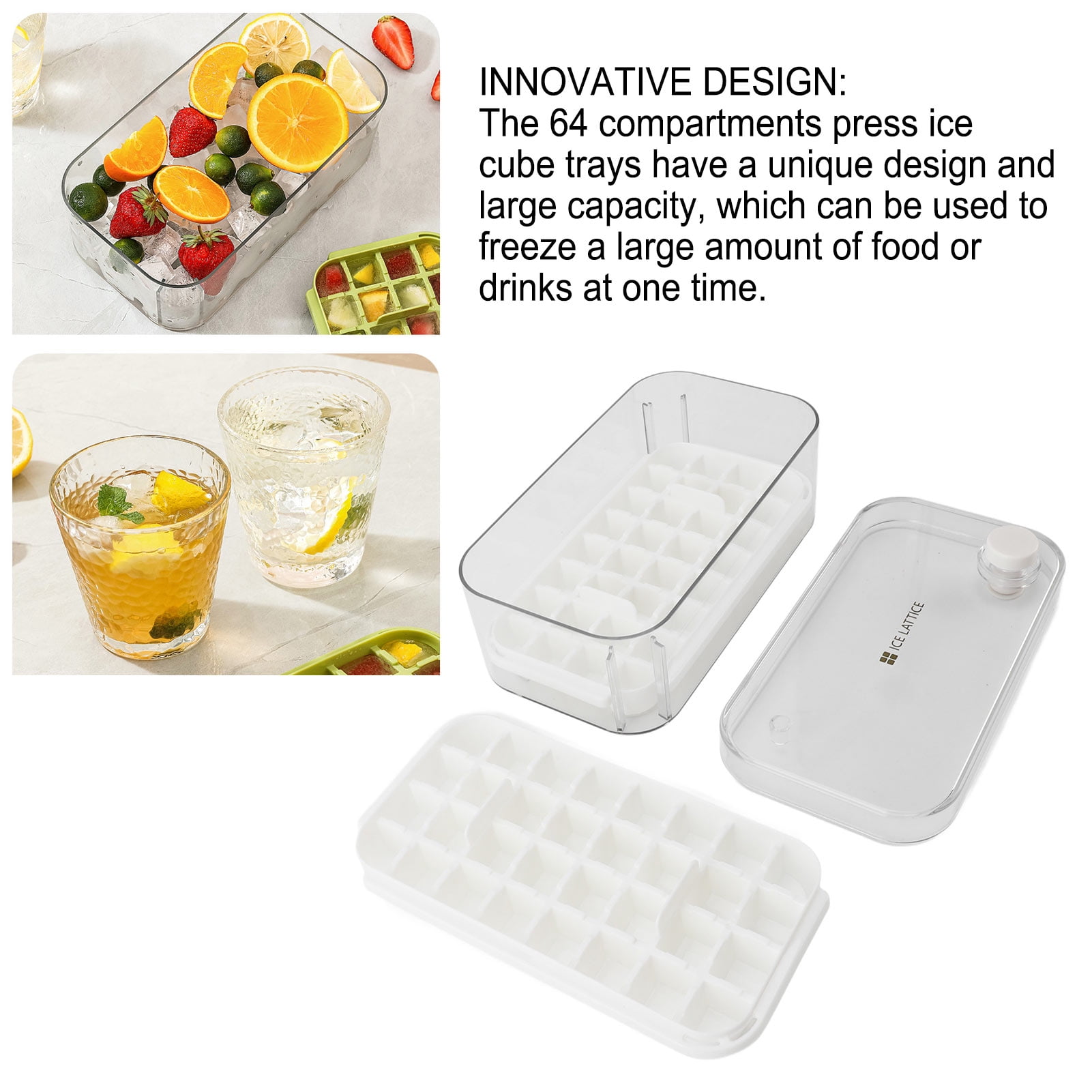 Suodoka 64-Grid Innovative Ice Cube Trays with Lid and Bin for Freezer, One-Press Release Food Grade Large Capacity Ice Maker Mold with Scoop, White (9.1 x 4.9 x 3.7 inches / 23 x 12.5 x 9.5 cm)