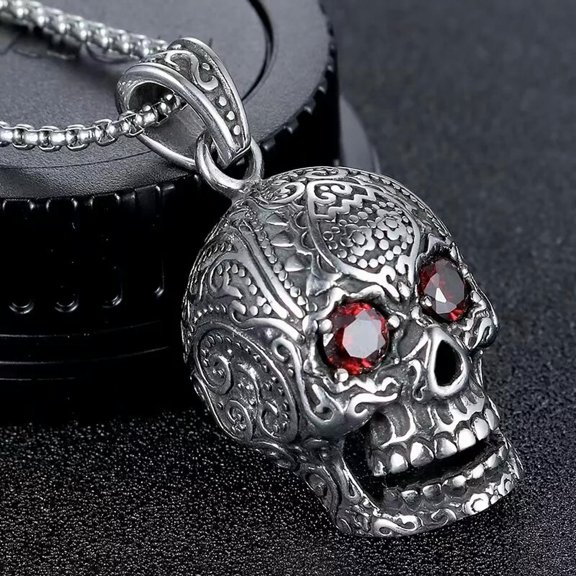 HOOUN Punk Gothic Red Eye Skull Pendant Necklace Retro Biker Jewelry For Men Unisex