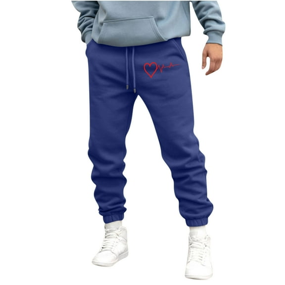 Lorytime Fleece Joggers Men Heart Print Elastic Waist Sweatpants Drawstring Full Length Pants with Pockets Outwear