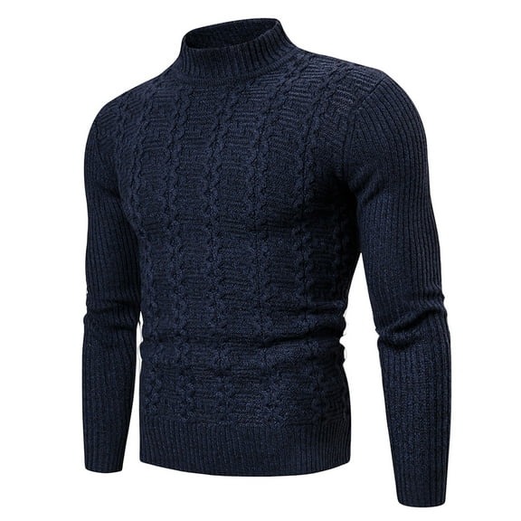Men's Basic Mock Neck Sweaters Solid Color Long Sleeved Pullover Tops Cozy Knitted Sweater Navy 3XL