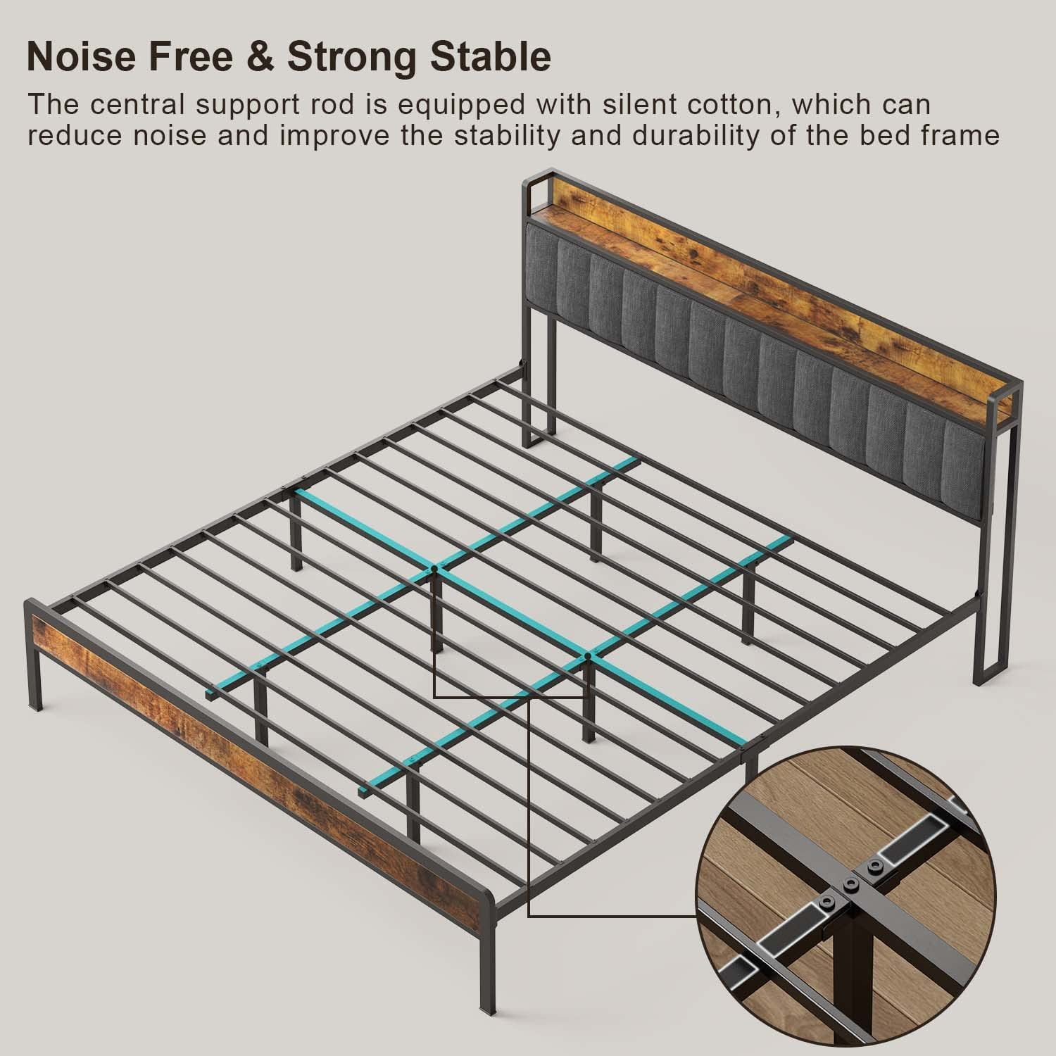 Lofka King Size Bed Frame with Storage Headboard, Metal Bed Frame, Dark Gray Headboard Cushion