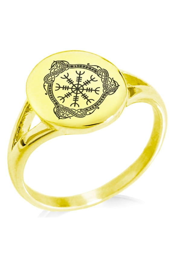 Stainless Steel Aegishjalmur Awe & Terror Helm Viking Rune Minimalist Oval Top Polished Statement Signet Ring