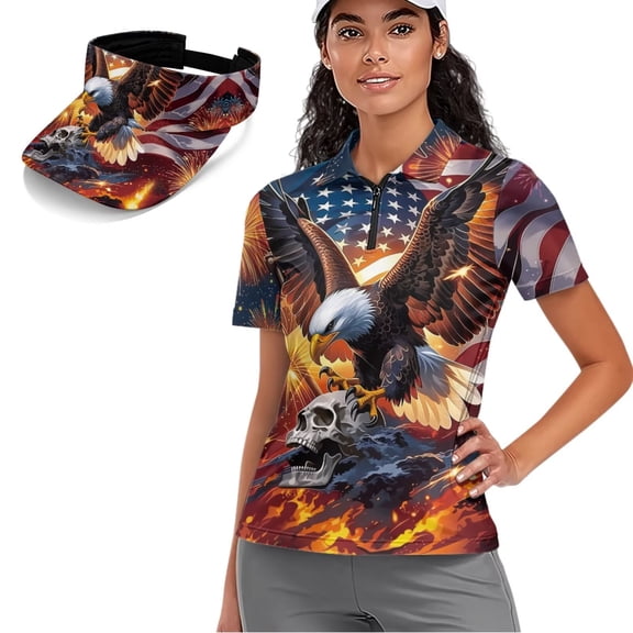 Aplkyhs American Flag Women's Golf Shirt and Sun Visor Hat Set Quick Dry Moisture Wicking Short Sleeve Golf Shirt Adjustable UV Protection Sun Hat for Running Daily Wear Skull