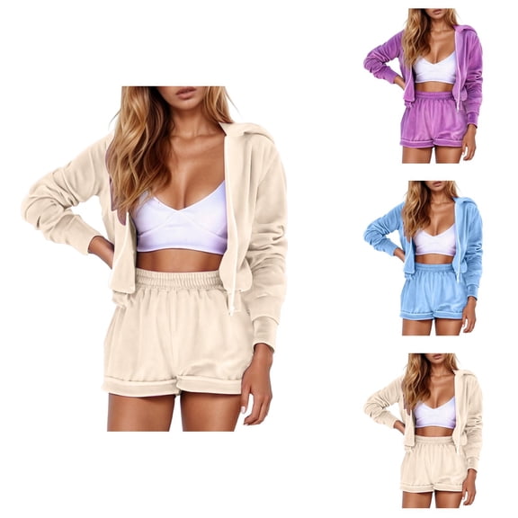 Track Suits for Women Set Long Sleeve Zip Up Cropped Hoodie Jacket and Shorts 2 Piece Matching Set Sweat Shorts Sets