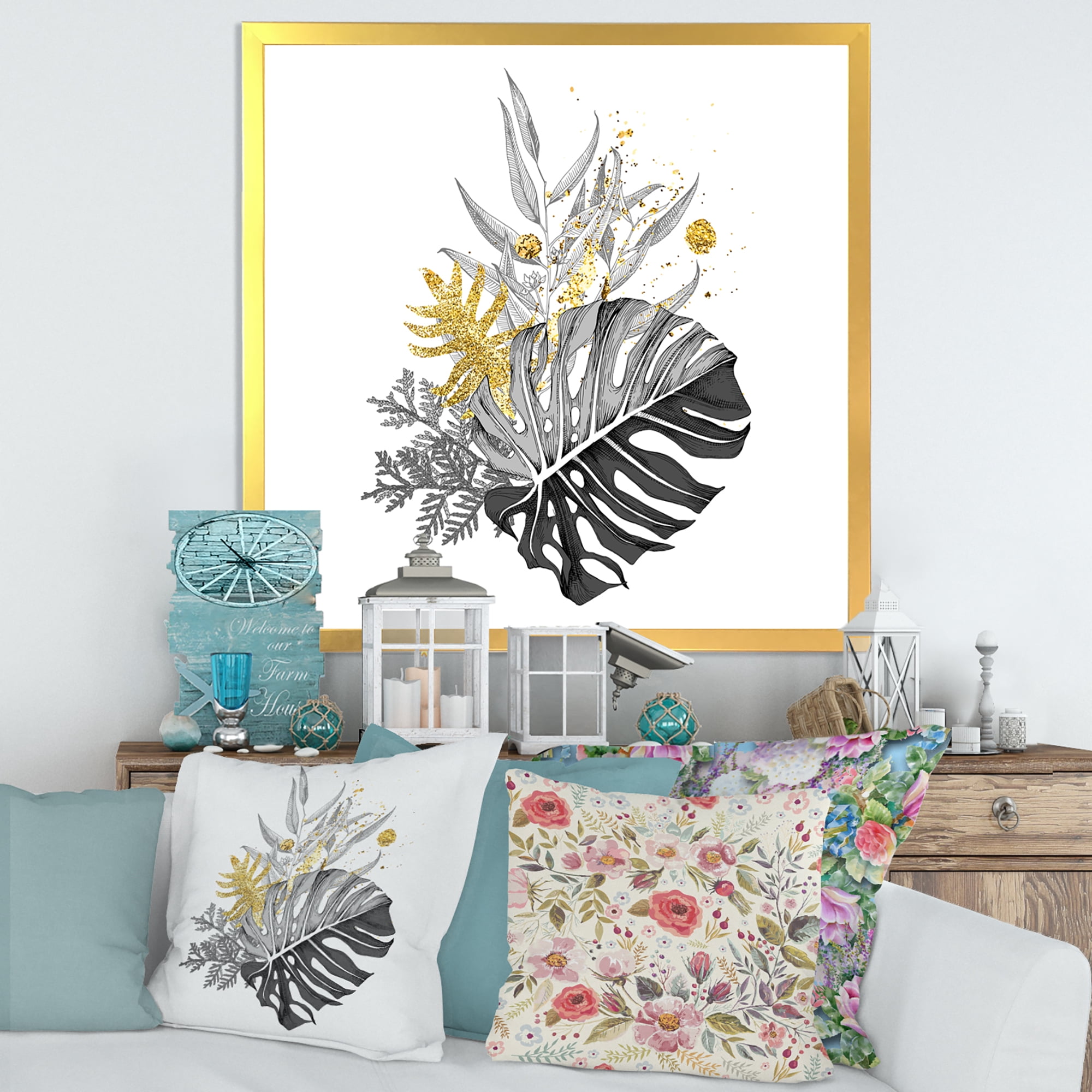 Designart 'Bouquet With Golden Tropical Leaves and Monochrome' Tropical Framed Art Print